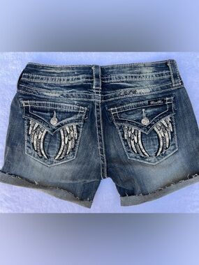 Miss Me Blue Distressed Denim Jean Shorts with Angel Wing Pockets